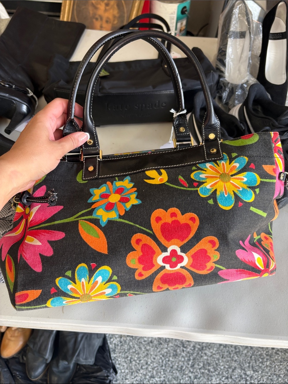 kate spade Black Canvas Floral Tote with Multicolor Flower Print - Picture 8 of 8